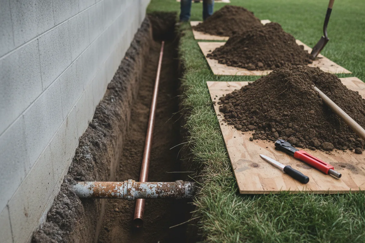 Excavated water line trench during Water Heater Repair in Union